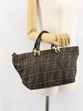 FENDI Zucca Canvas Hand Bag Black Brown Auth 161083